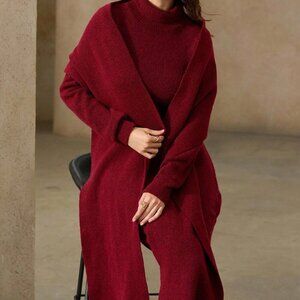Burgundy Casual Women's Elegant Sweater Dress With Scarf
